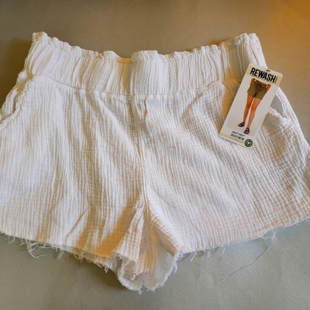 Rewash Gauze White Raw Edge Shorts Pull On Pockets Beach Resort Large